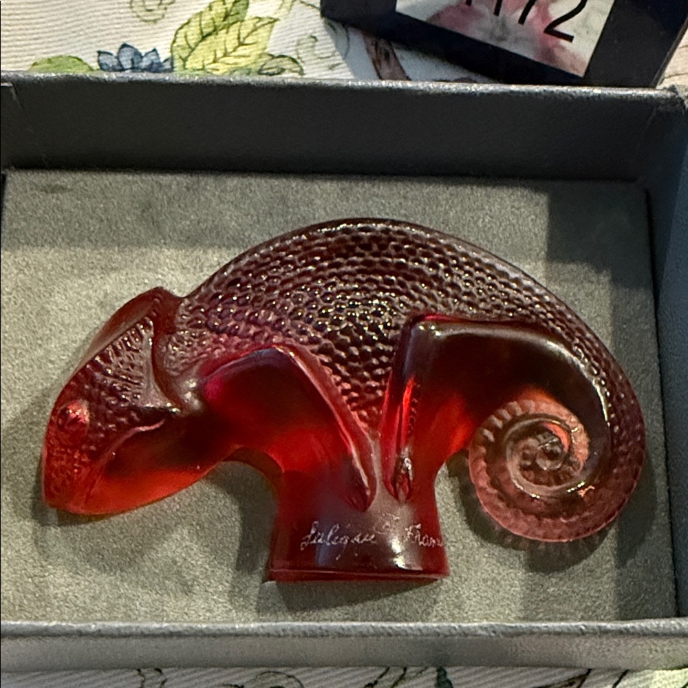 Lalique Fiery red Chameleon Figurine with box , signed